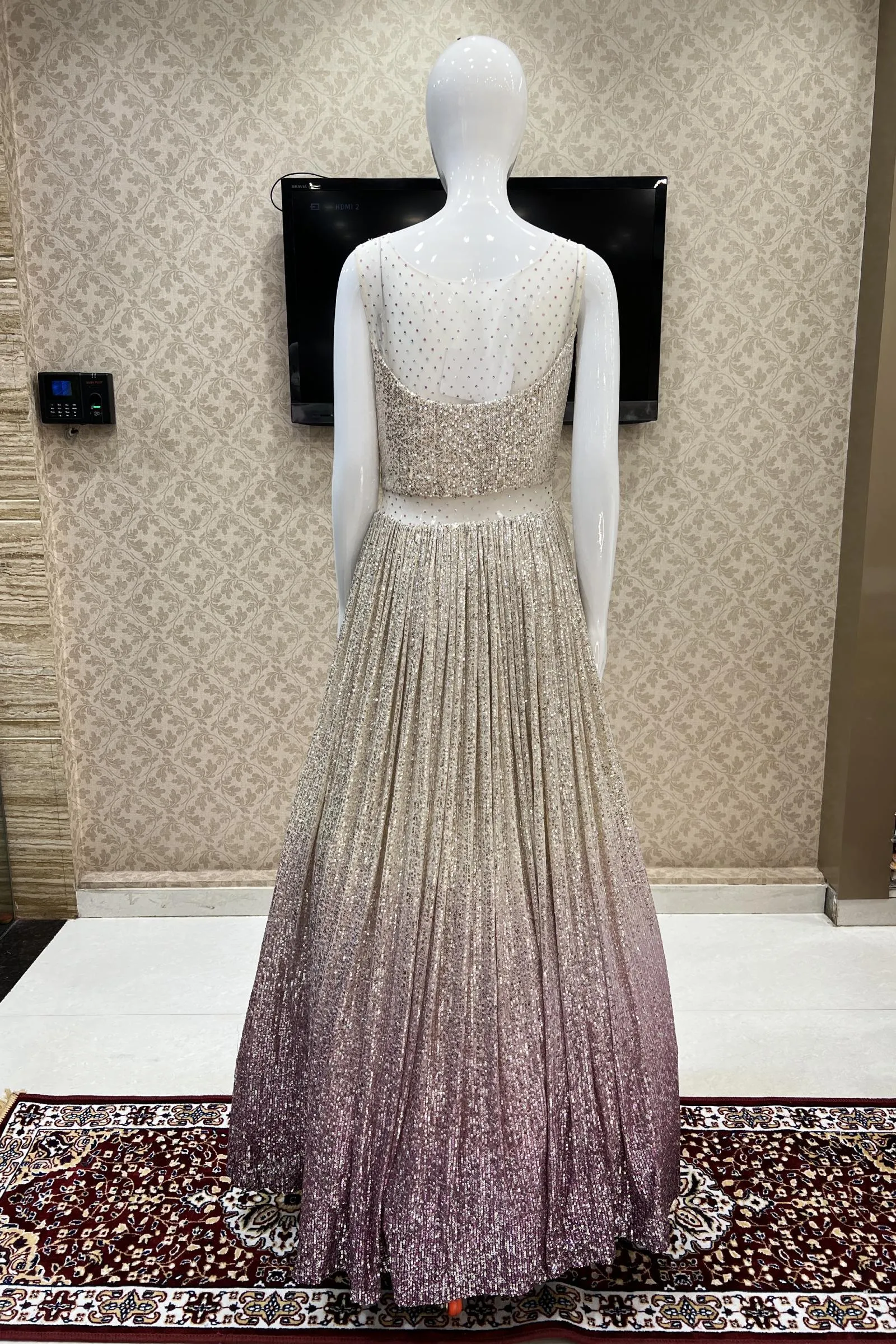 Cream with Pink Shaded Sequins, Thread, Mirror and Beads work Bridal and Partywear Gown