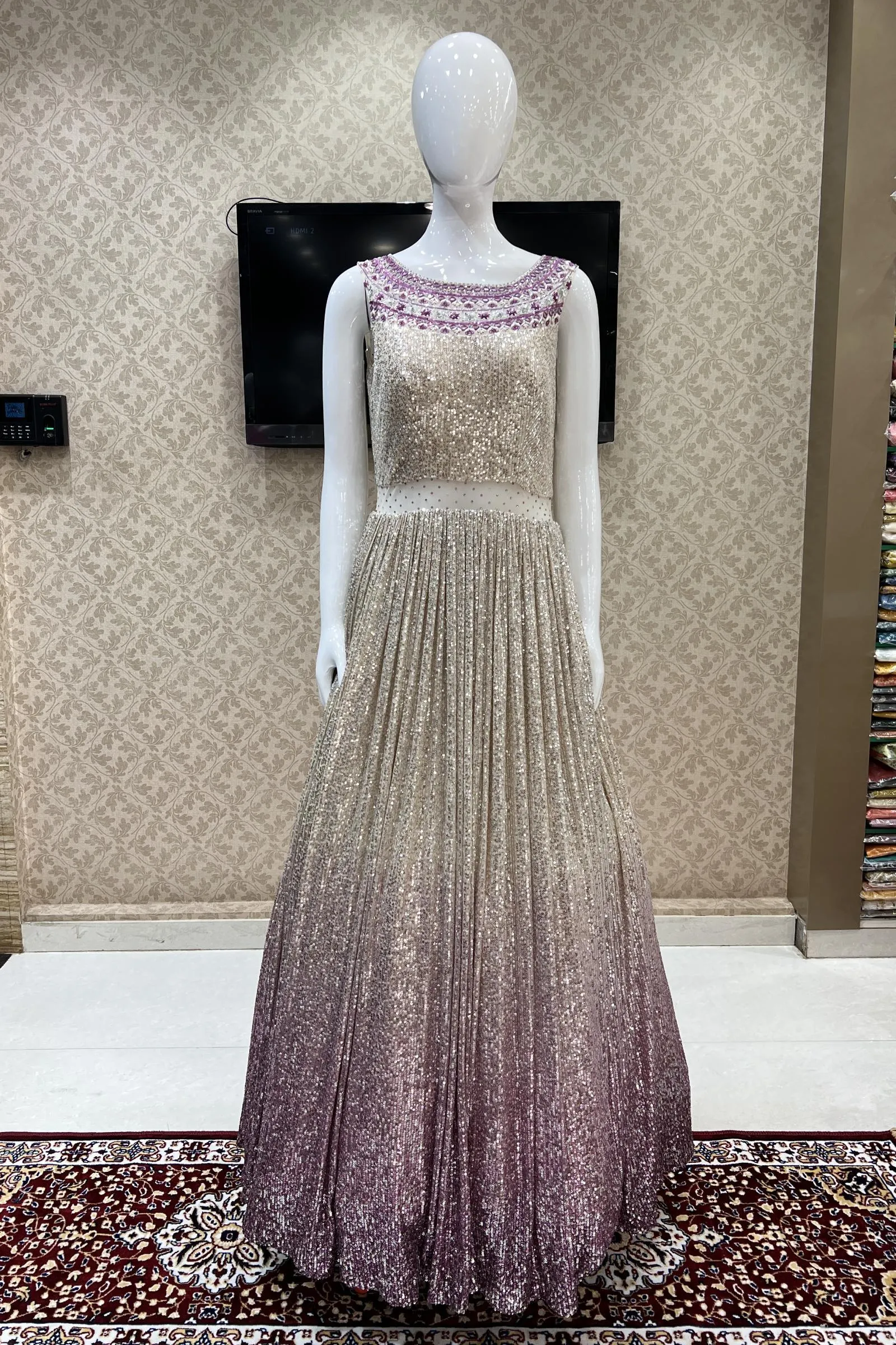 Cream with Pink Shaded Sequins, Thread, Mirror and Beads work Bridal and Partywear Gown