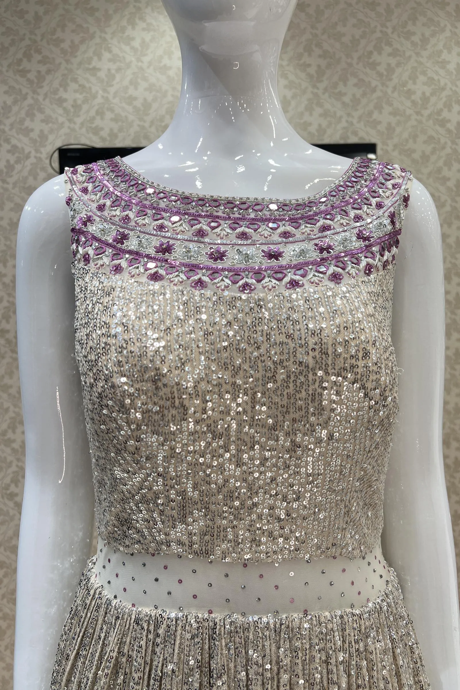 Cream with Pink Shaded Sequins, Thread, Mirror and Beads work Bridal and Partywear Gown