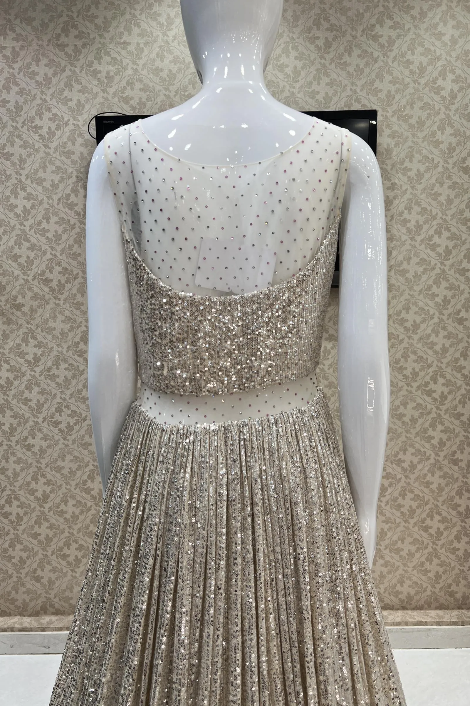 Cream with Pink Shaded Sequins, Thread, Mirror and Beads work Bridal and Partywear Gown