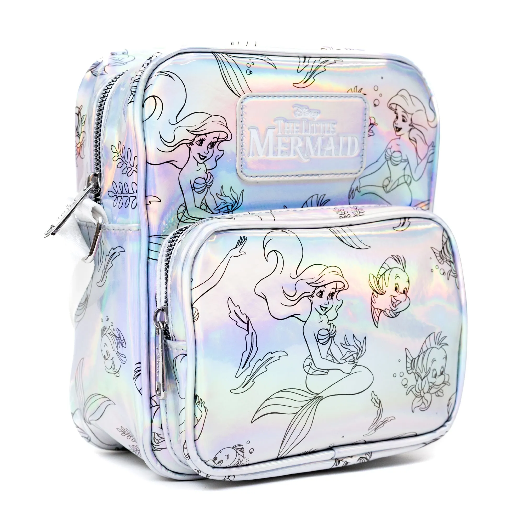 Disney Vegan Leather Cross Body Backpack with Adjustable Strap, The Little Mermaid Ariel and Flounder Poses Iridescent Holographic