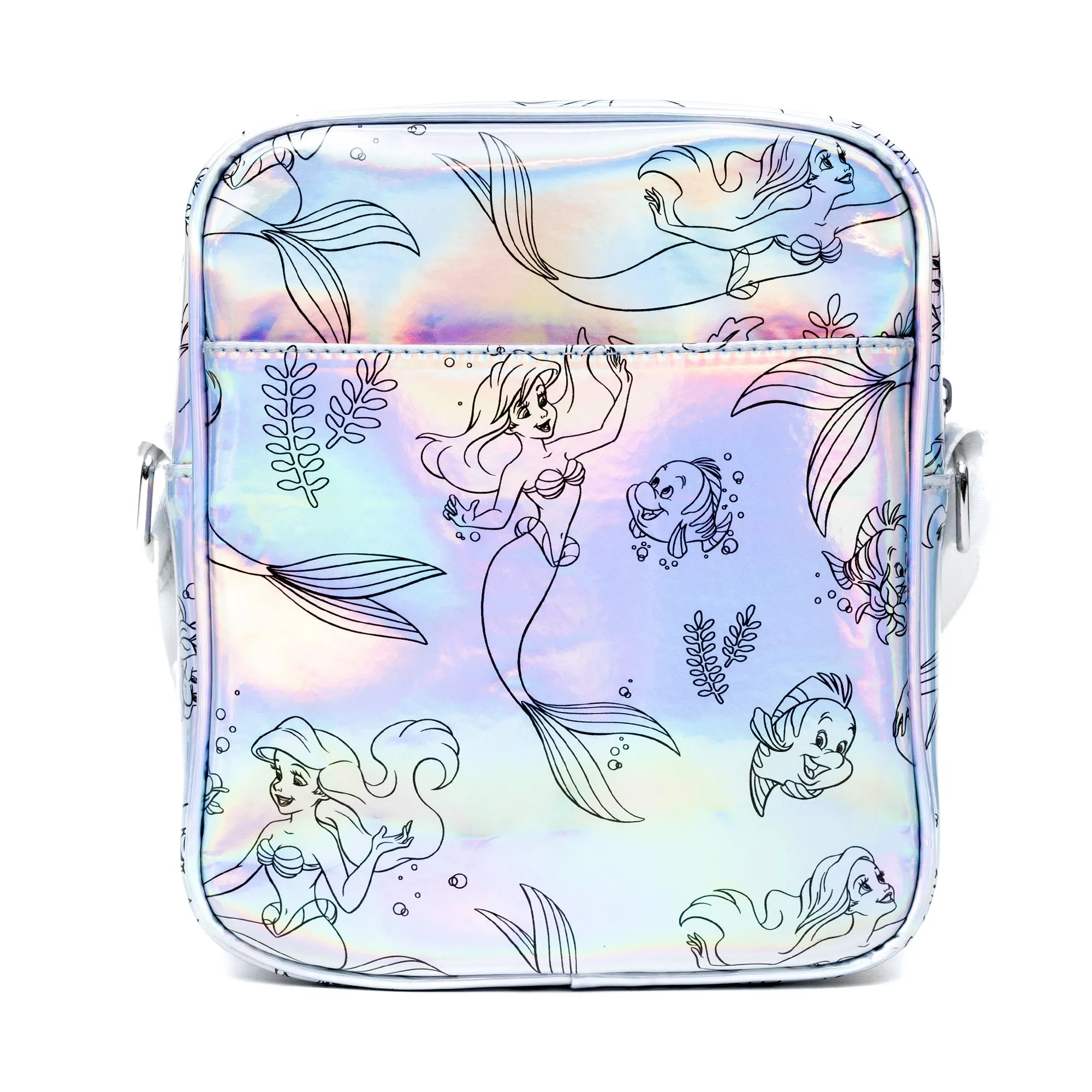 Disney Vegan Leather Cross Body Backpack with Adjustable Strap, The Little Mermaid Ariel and Flounder Poses Iridescent Holographic