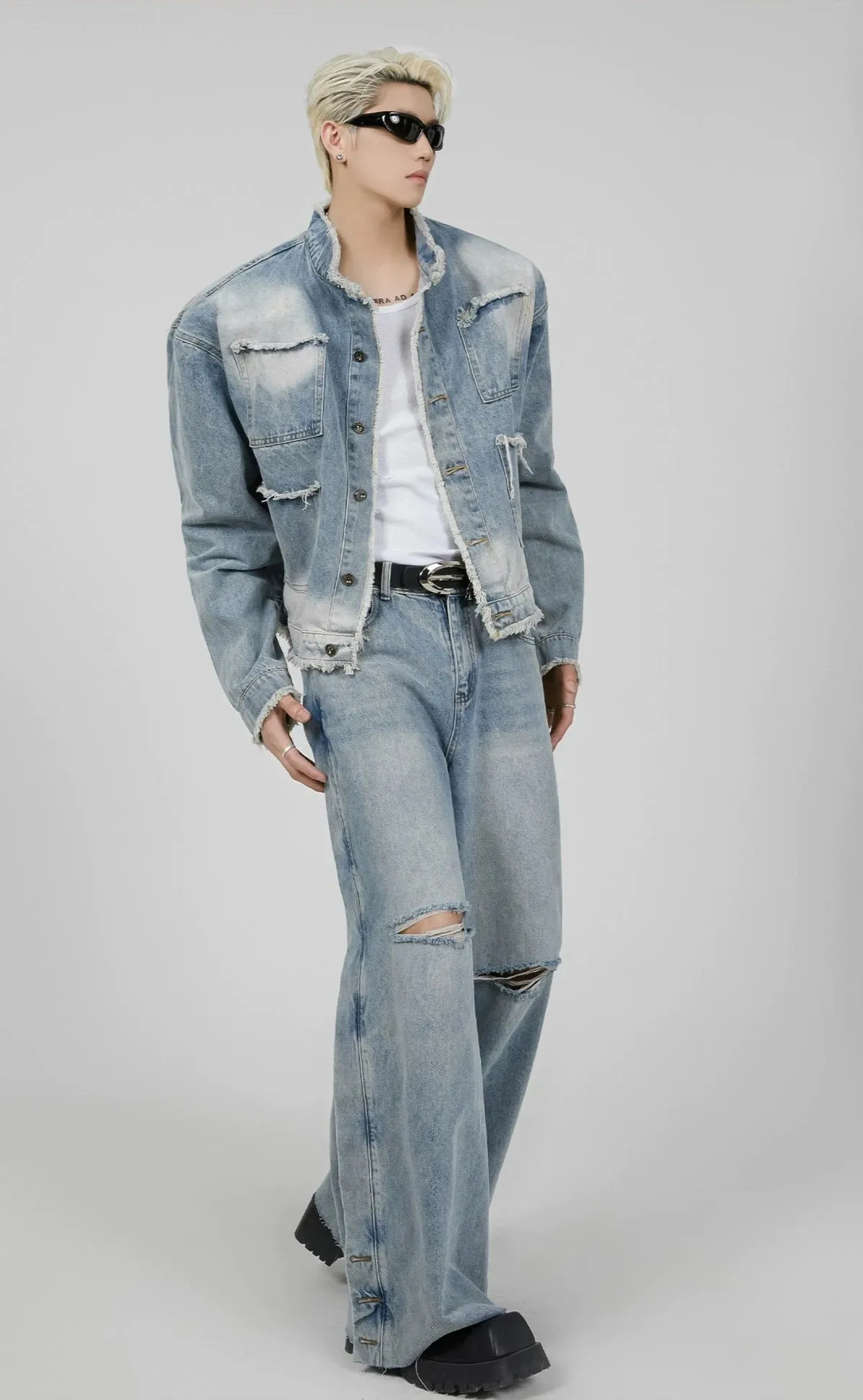 Distressed Spot-Faded Denim Jacket and Wide-Leg Jeans Set