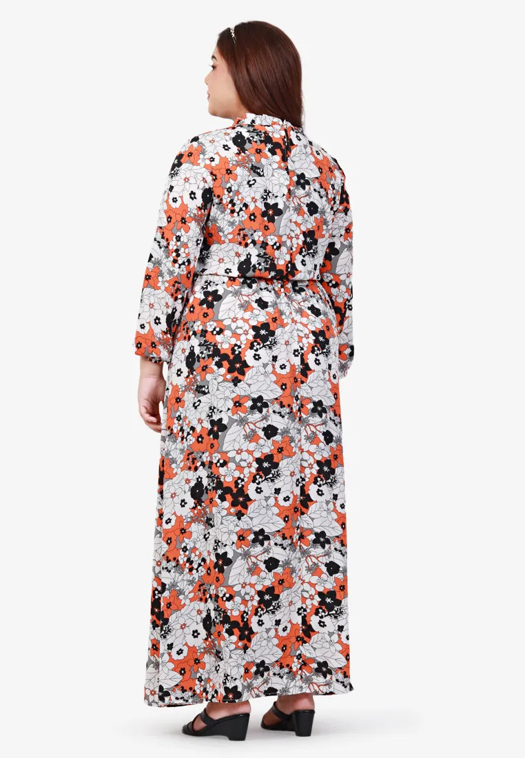 Dolores Gathered Waist Long Dress - White Orange Floral