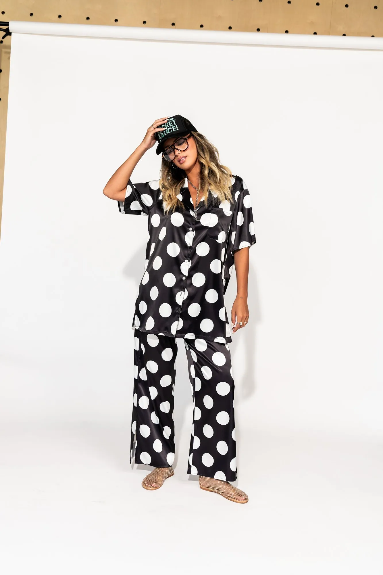 Dream So Big Satin Top   Pants Set in Classic Polka Dots