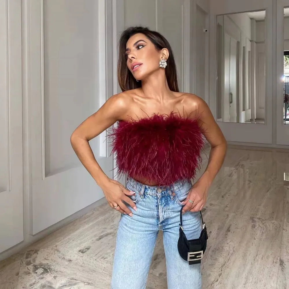 DressBetty - Faux Ostrich Feather Soft Fur Tank Short Vest Colorful Sexy Backless Nightclub Tube Top