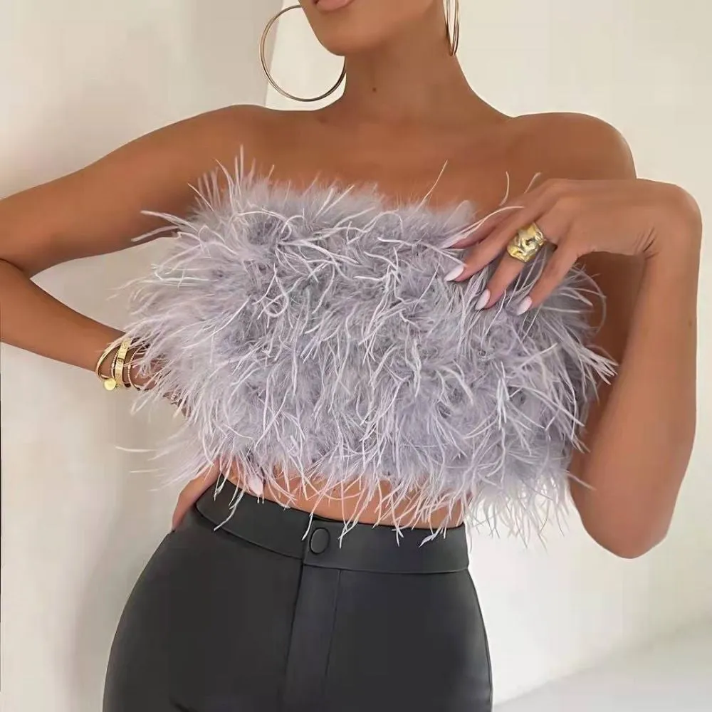 DressBetty - Faux Ostrich Feather Soft Fur Tank Short Vest Colorful Sexy Backless Nightclub Tube Top