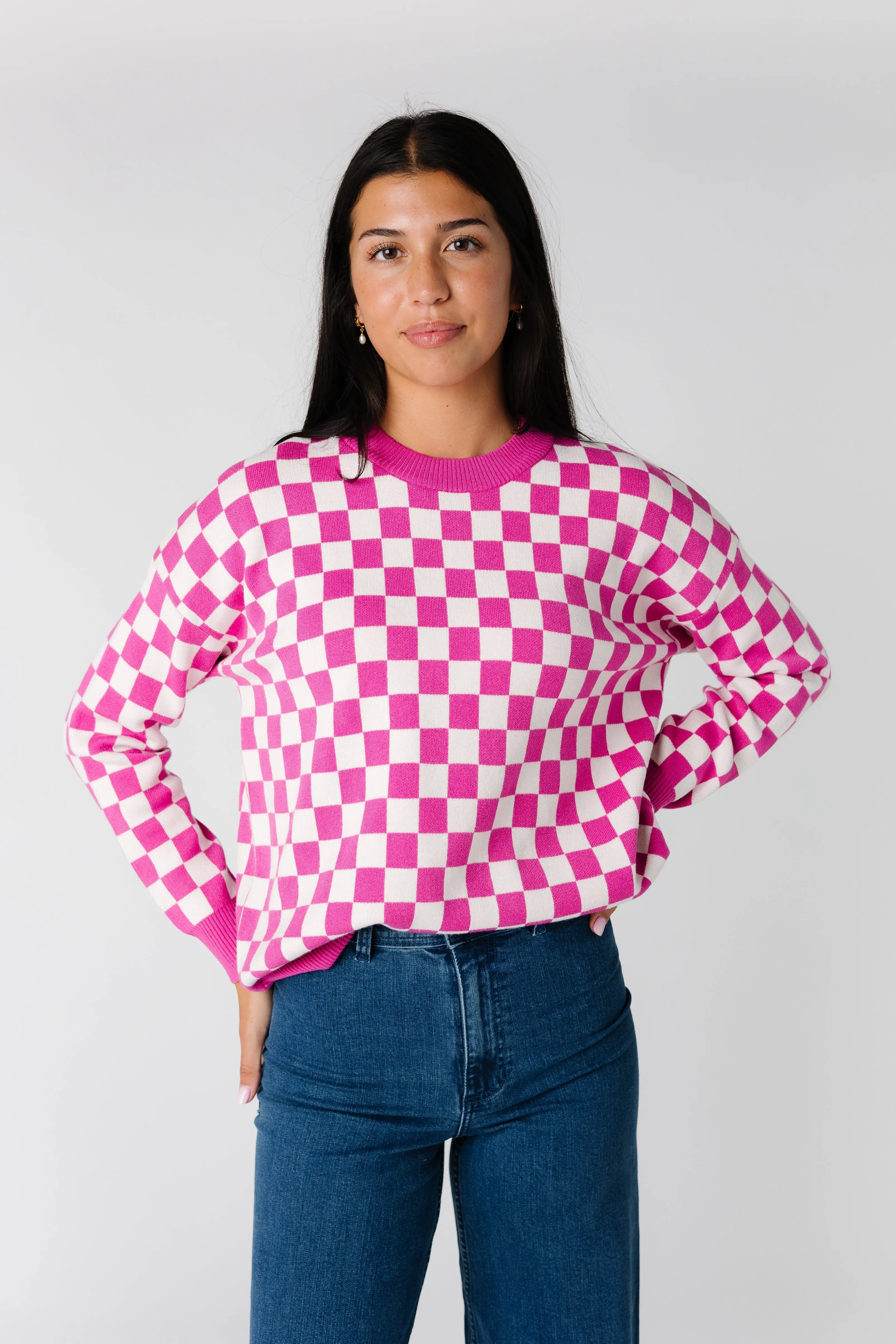 Easy Street Checkered Crew Neck Sweater