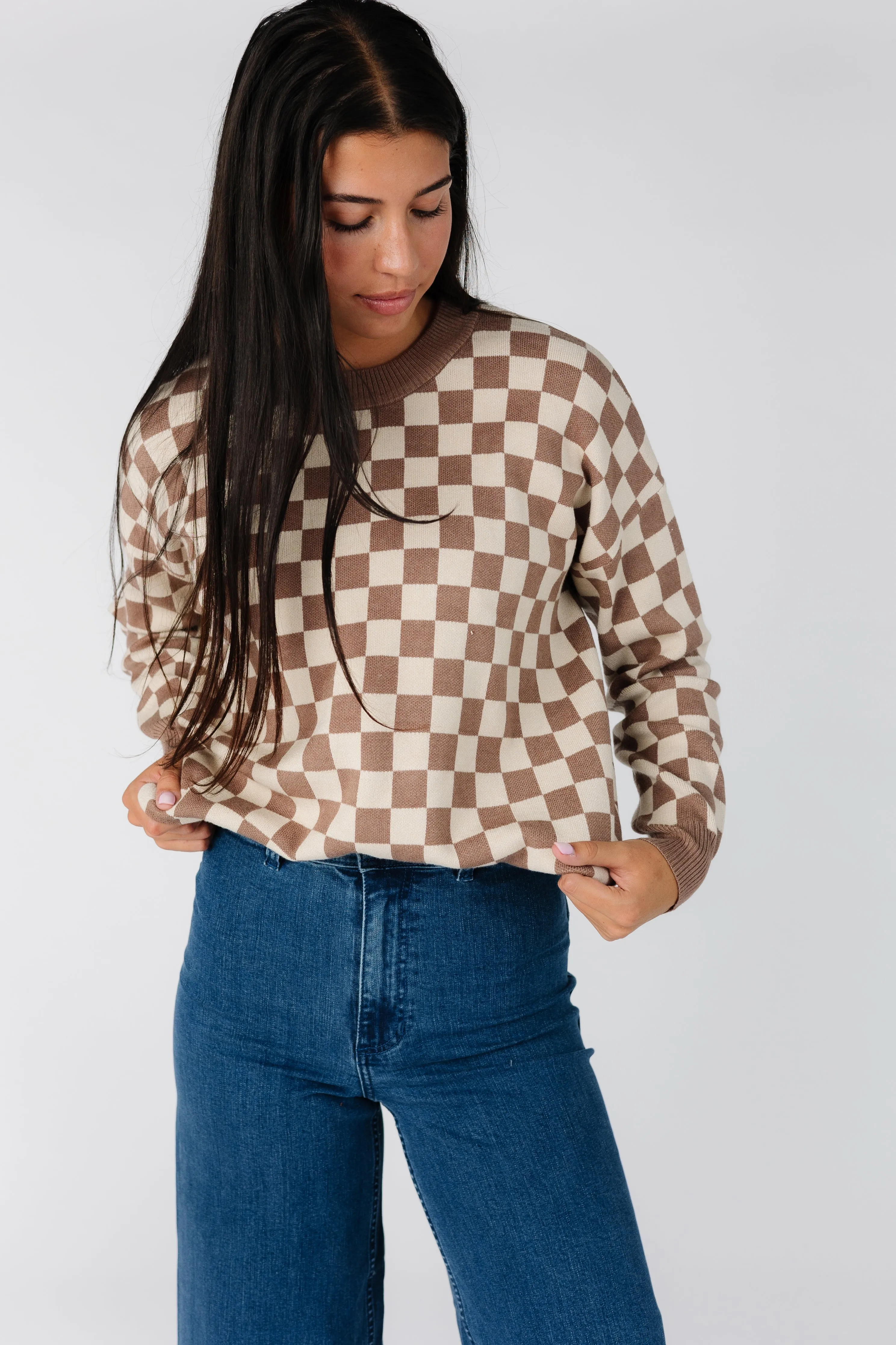 Easy Street Checkered Crew Neck Sweater