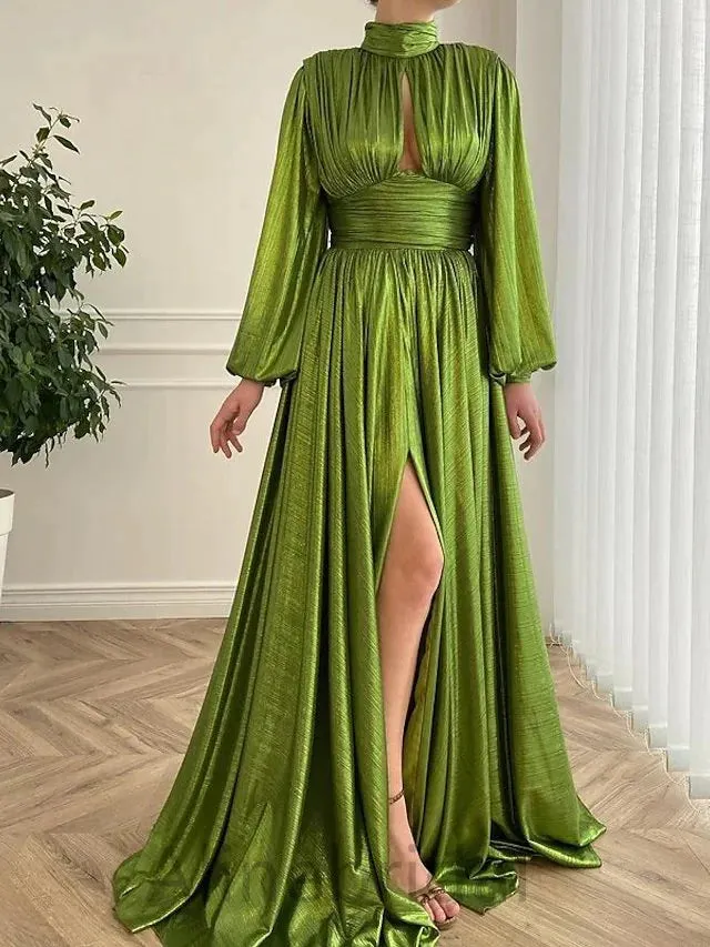 Elegant Long Sleeves Side Slit A-line Long Prom Dress, PD3755