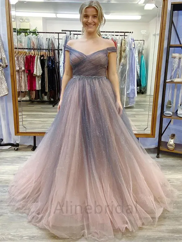 Elegant Off Shoulder Sleeveless A-line Floor length Prom Dress, PD3706