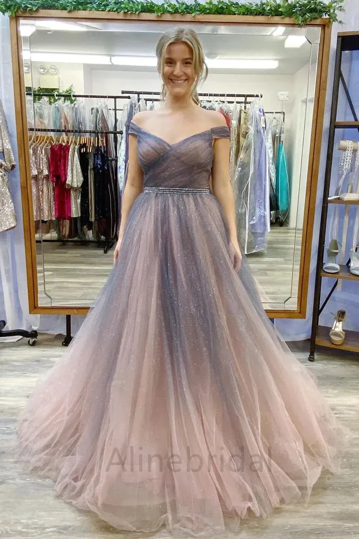 Elegant Off Shoulder Sleeveless A-line Floor length Prom Dress, PD3706