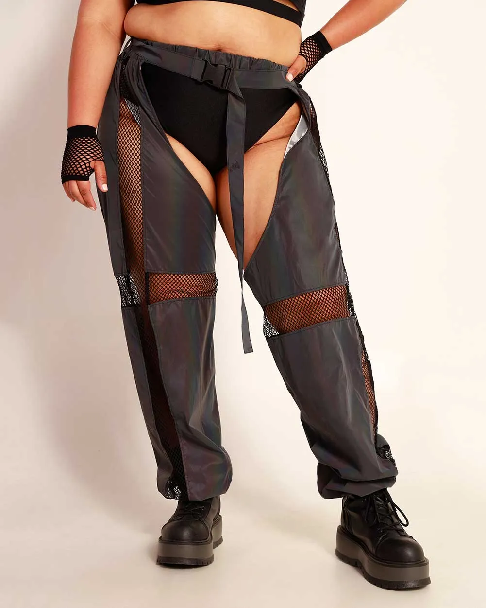 False Alarm Fishnet Rainbow Reflective Chaps