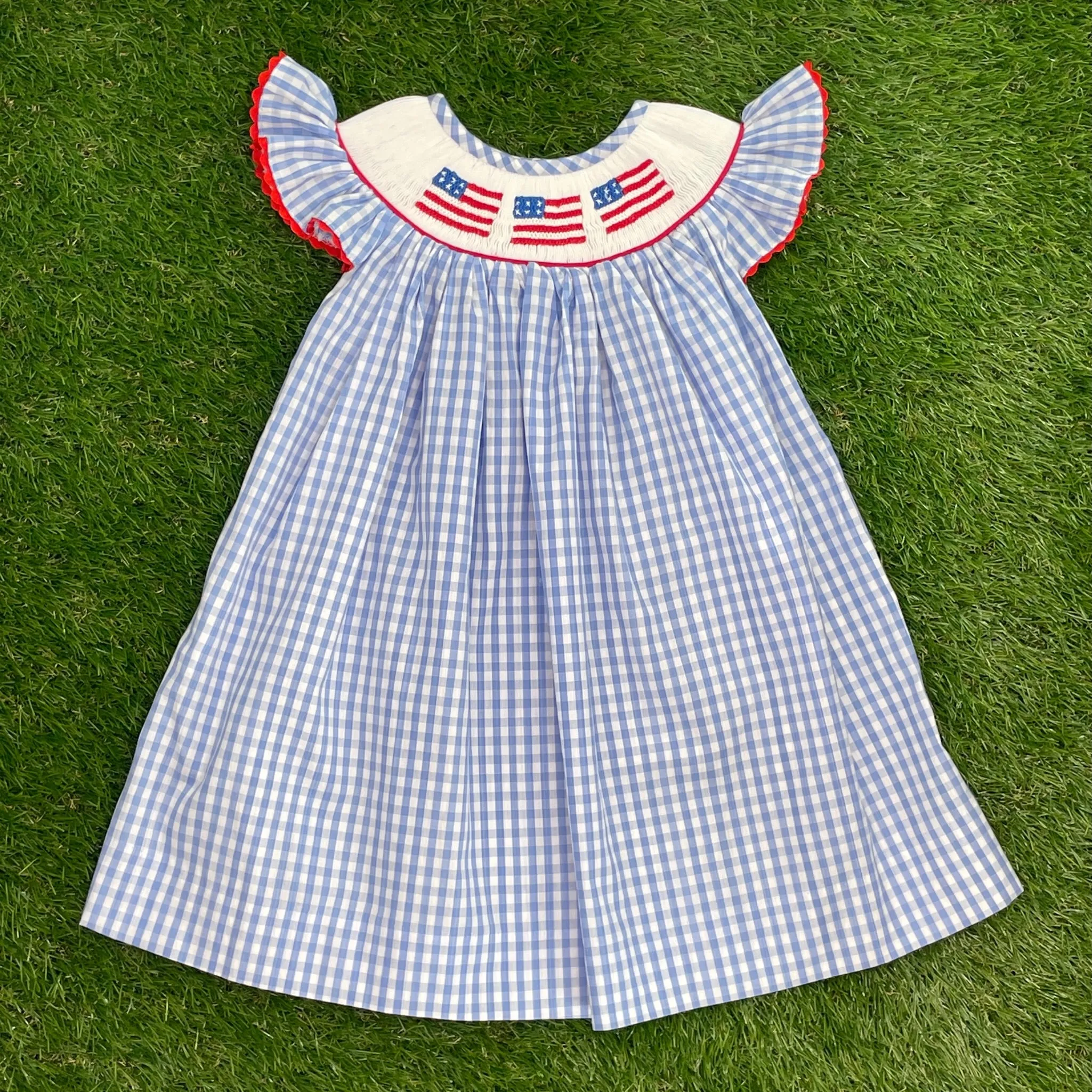 Flag Smocked Dress in Light Blue Gingham