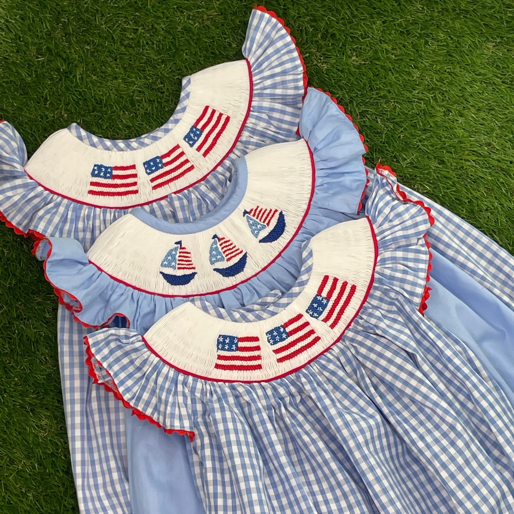 Flag Smocked Dress in Light Blue Gingham