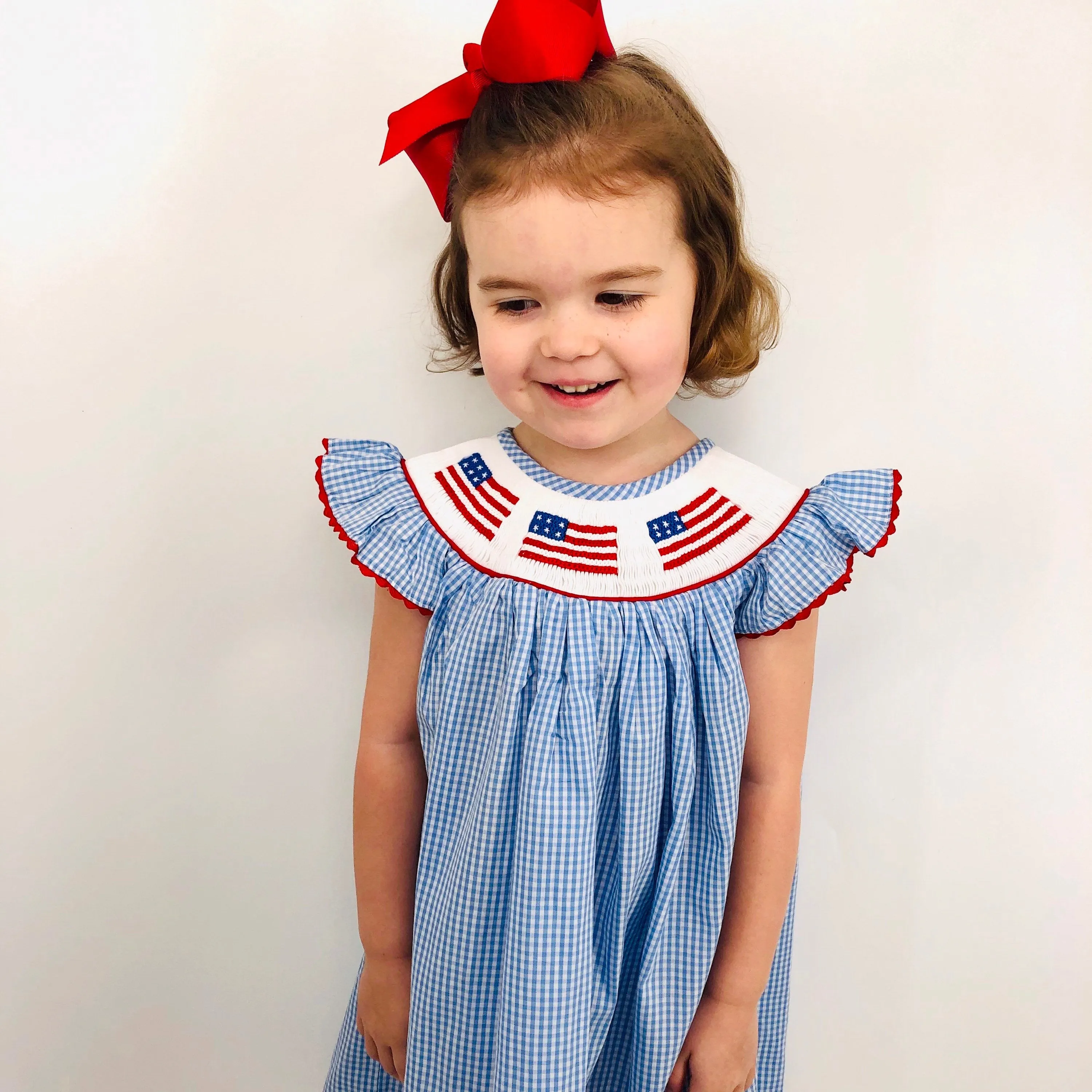 Flag Smocked Dress in Light Blue Gingham