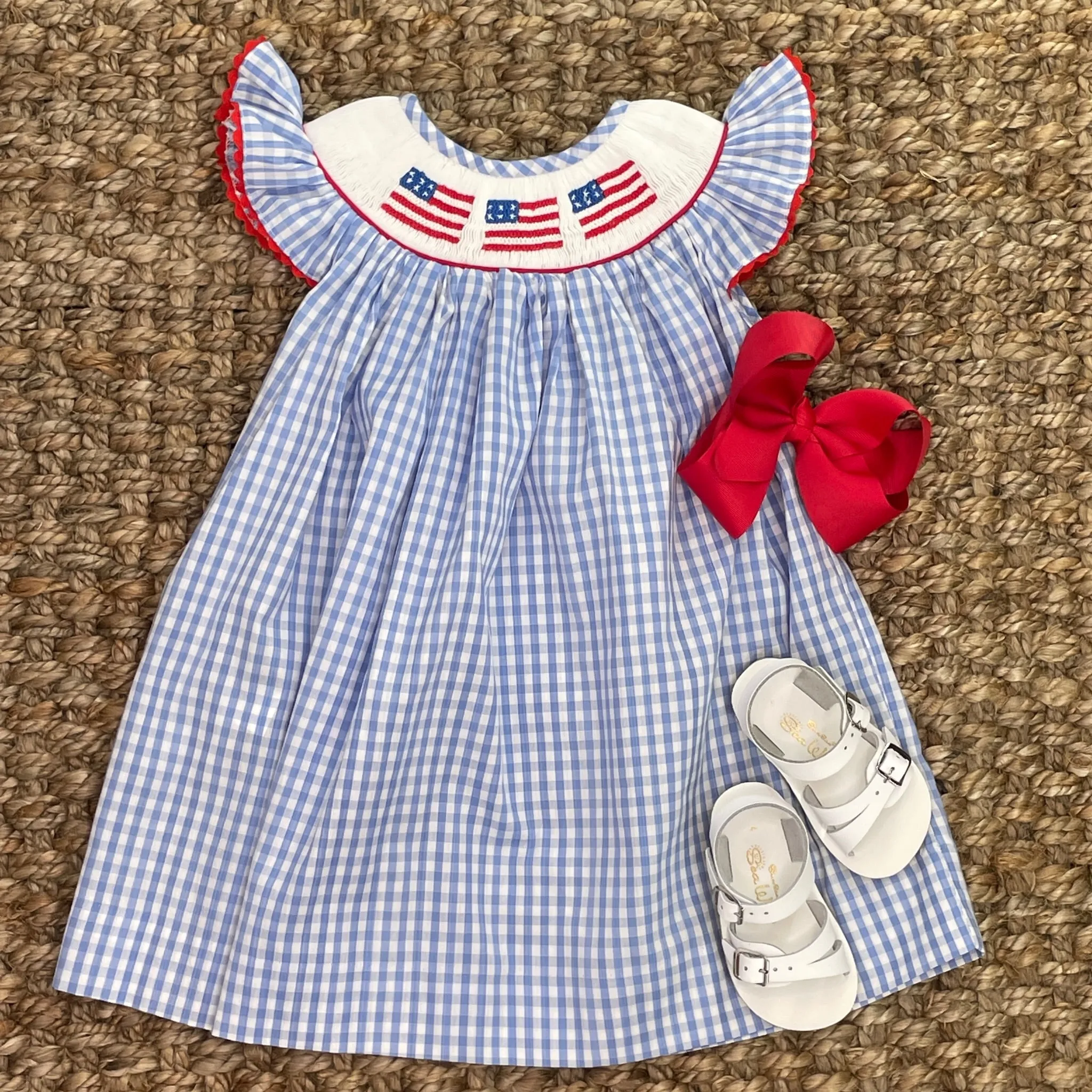 Flag Smocked Dress in Light Blue Gingham