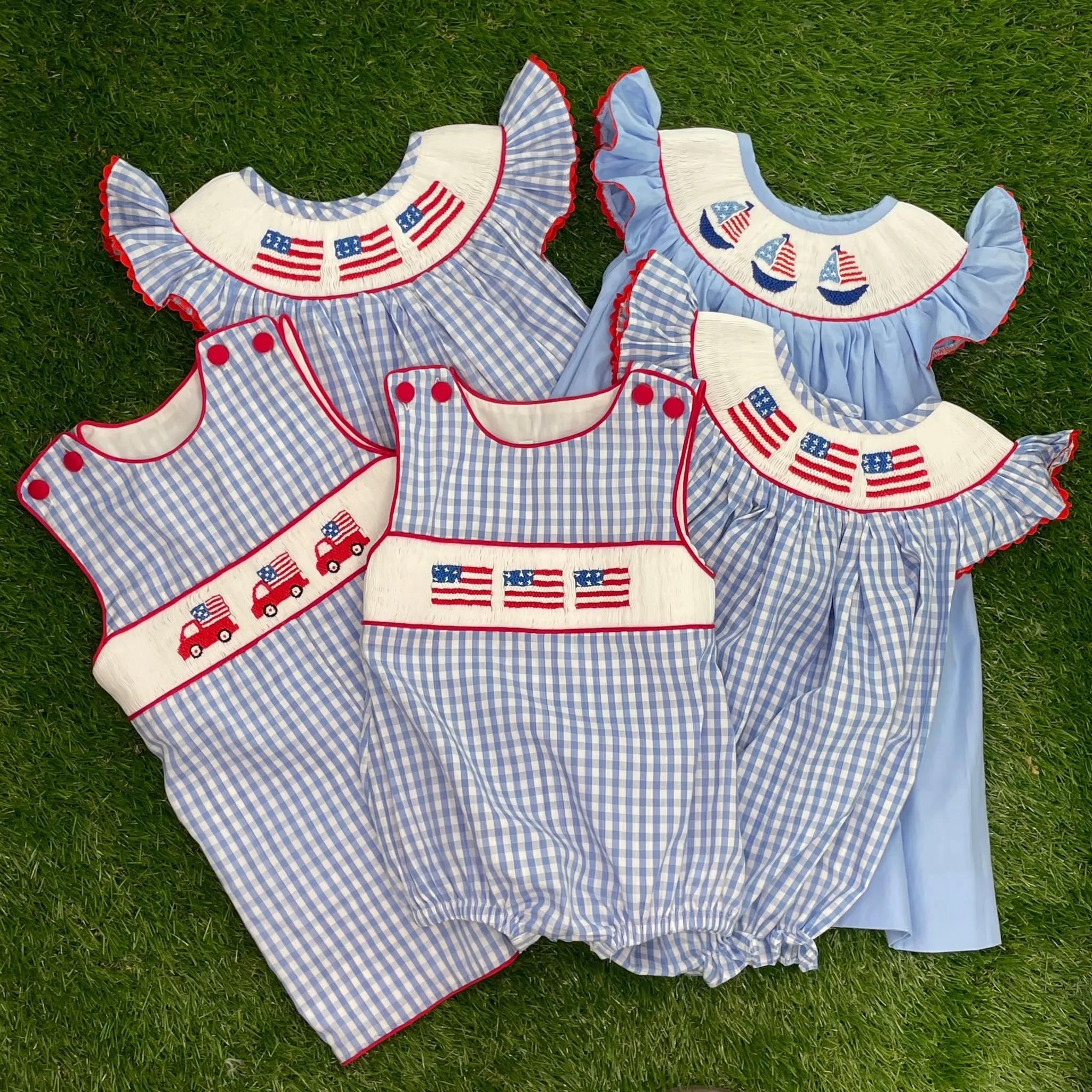 Flag Smocked Dress in Light Blue Gingham