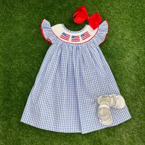 Flag Smocked Dress in Light Blue Gingham