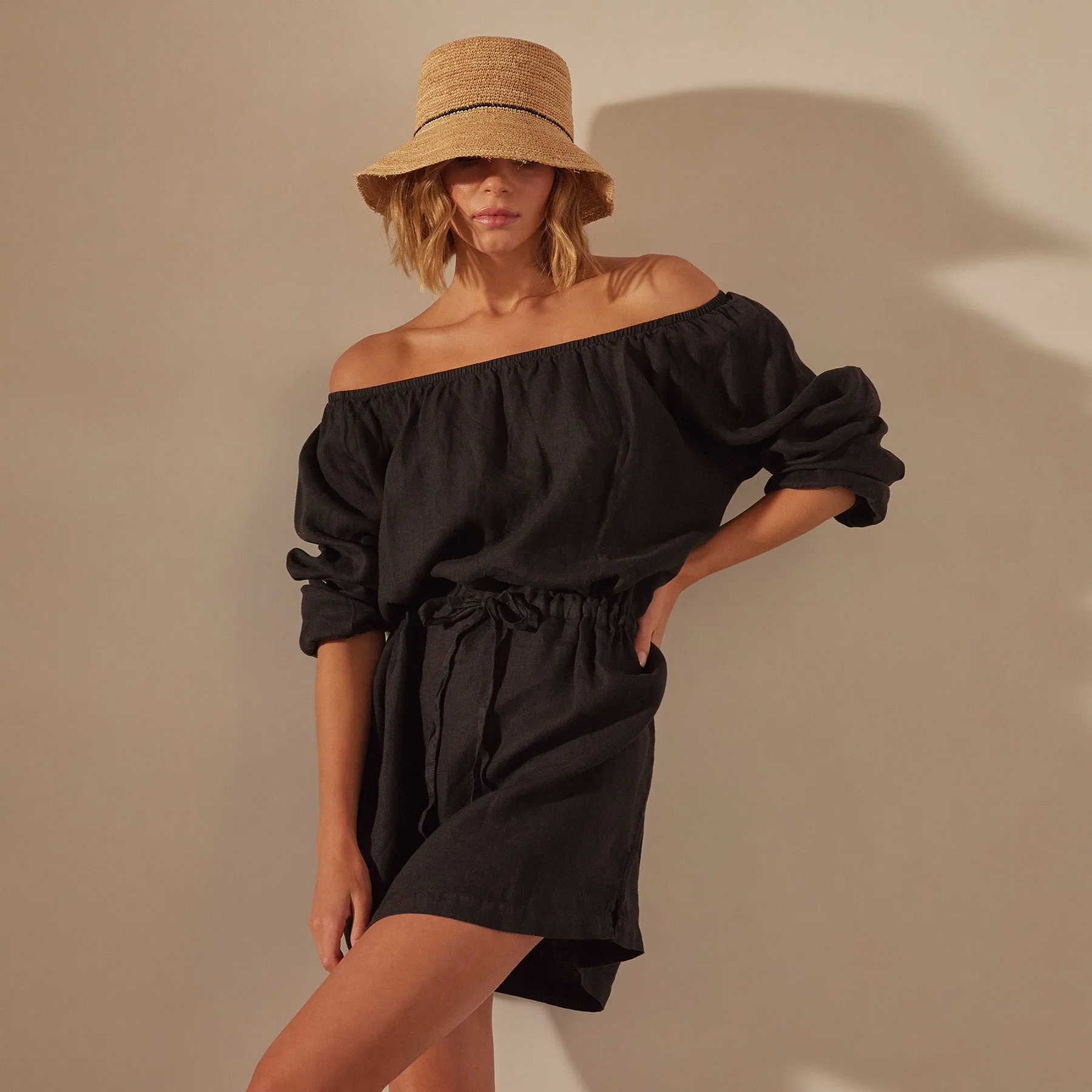 Gathered Linen Dress - Black