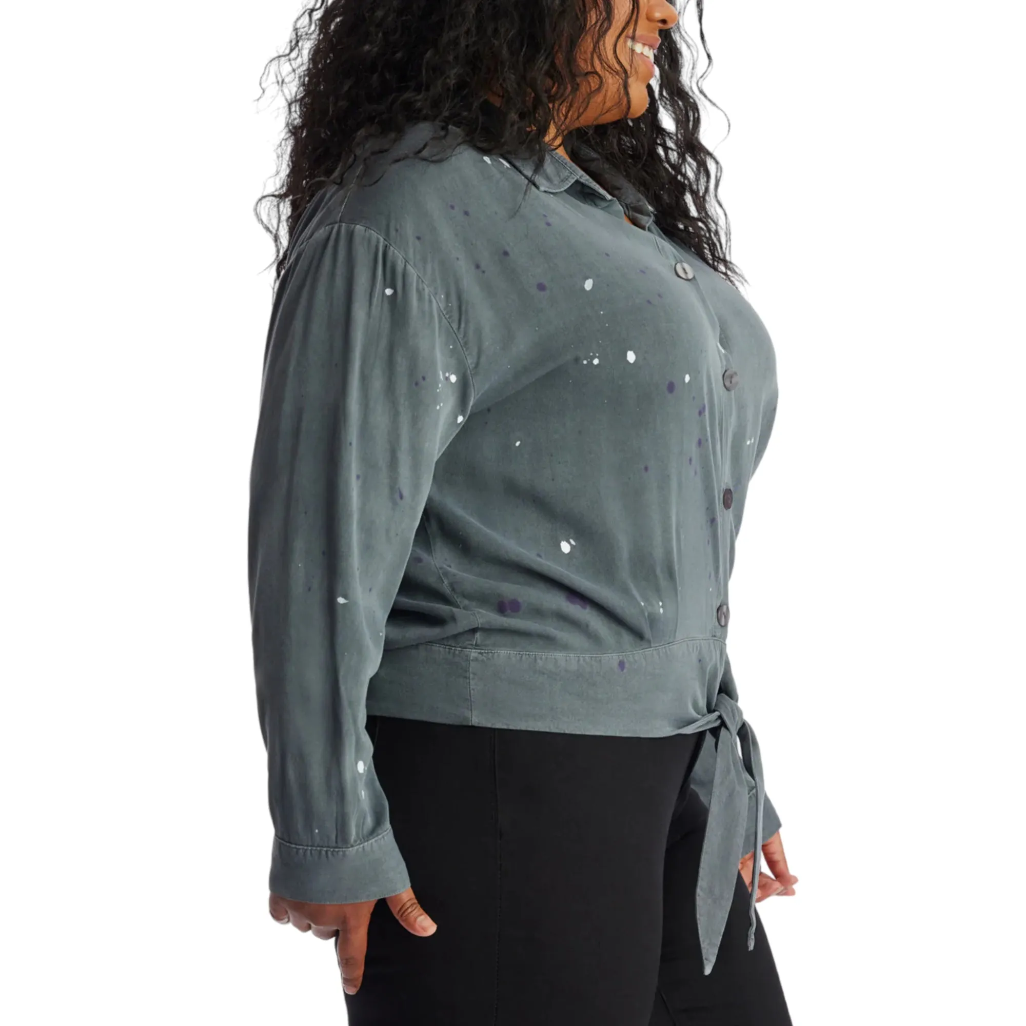 Given Kale Women's Plus Washed Twill Button Down Tie Front Top Shirt