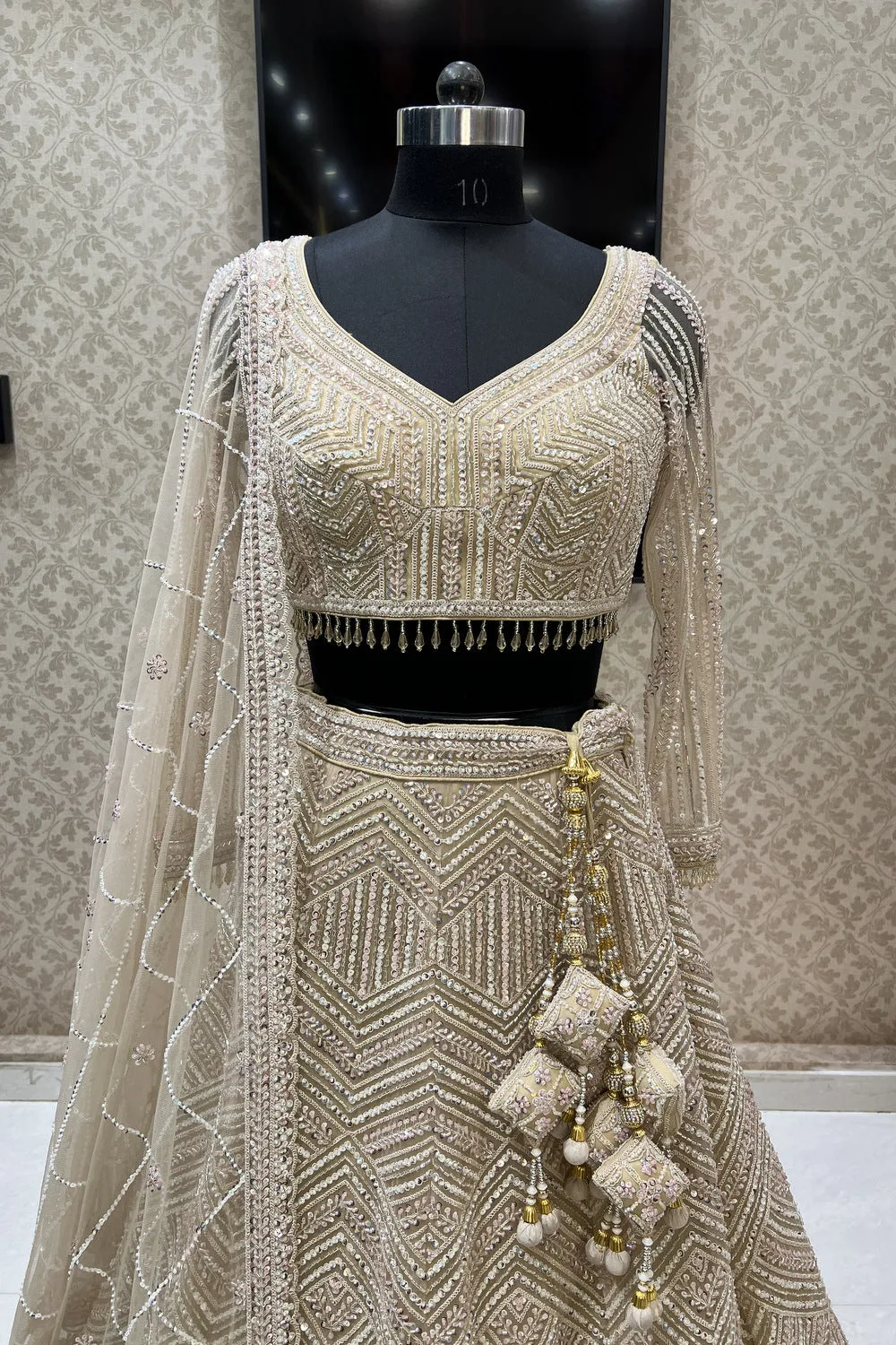 Gold Zari, Sequins and Beads work Crop Top Designer Bridal Lehenga