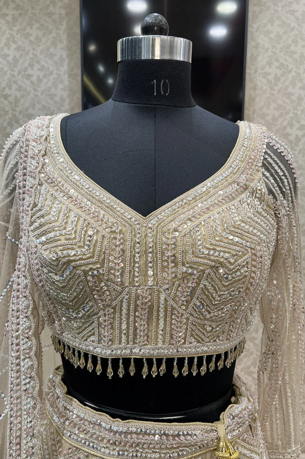 Gold Zari, Sequins and Beads work Crop Top Designer Bridal Lehenga