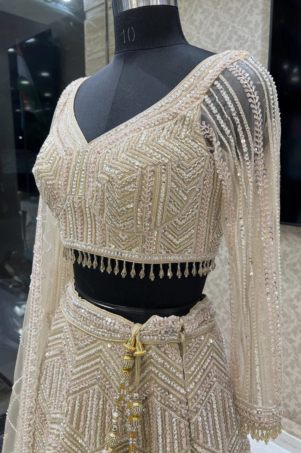 Gold Zari, Sequins and Beads work Crop Top Designer Bridal Lehenga