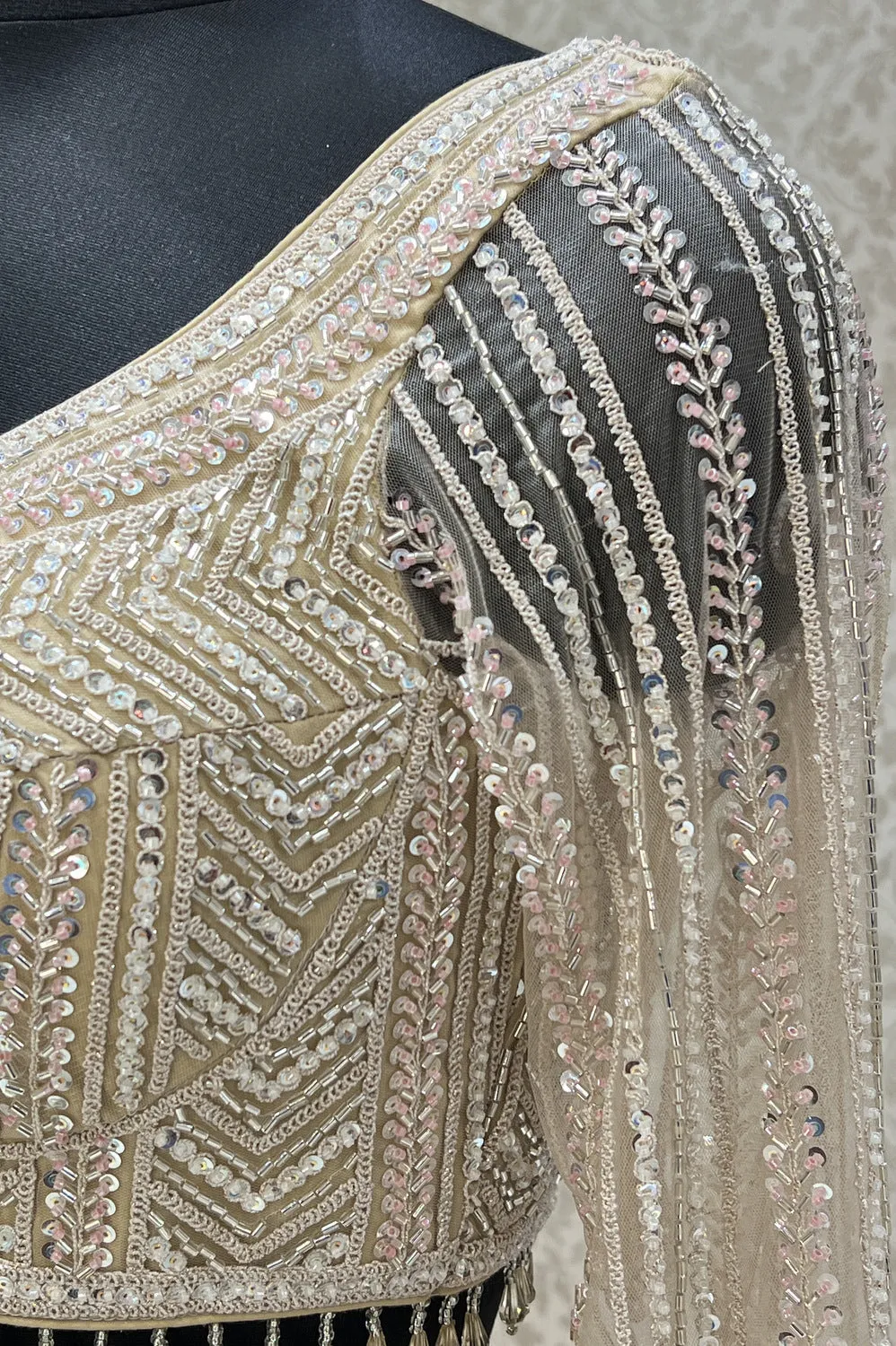 Gold Zari, Sequins and Beads work Crop Top Designer Bridal Lehenga