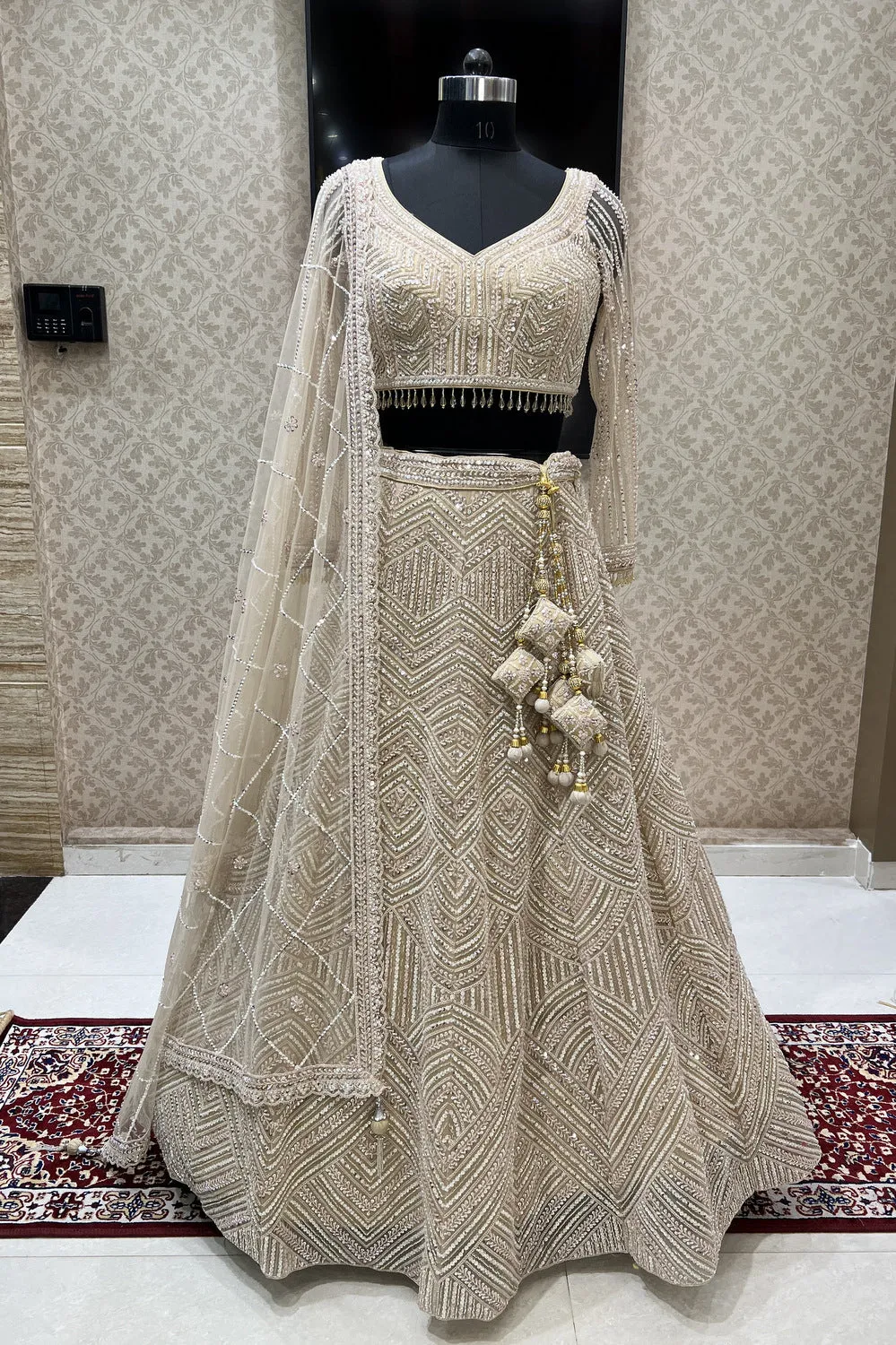 Gold Zari, Sequins and Beads work Crop Top Designer Bridal Lehenga