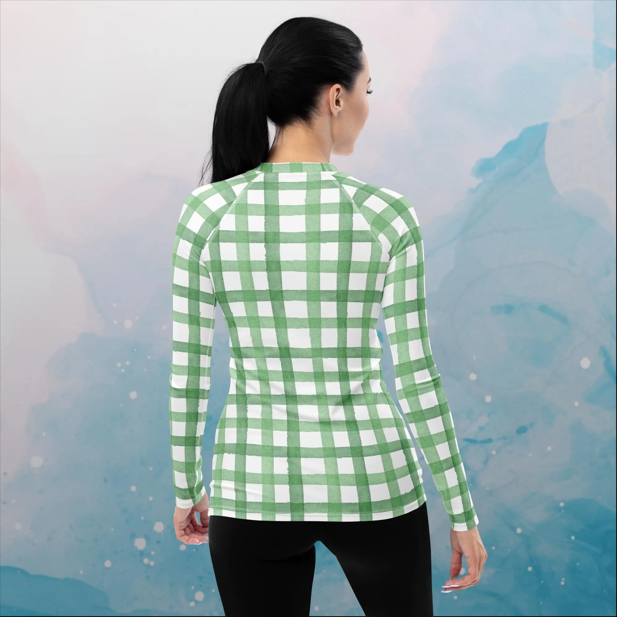 Green Gingham Print Womens Rash Guard