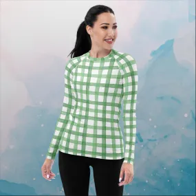 Green Gingham Print Womens Rash Guard