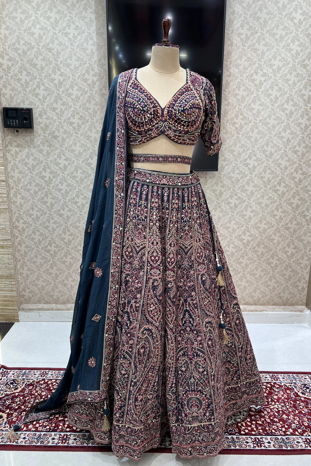 Green Mirror, Zari, Multicolor Thread, Beads and Sequins work Crop Top Lehenga with Belt