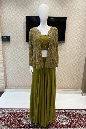 Green Multicolor Thread, Beads, Sequins and Stone work Overcoat Styled Palazzo Suit Set