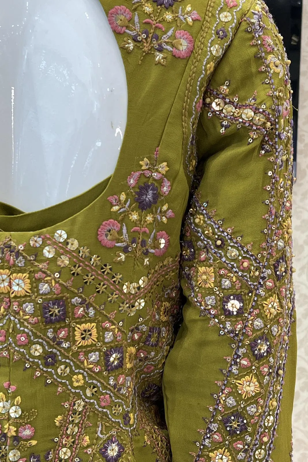 Green Multicolor Thread, Beads, Sequins and Stone work Overcoat Styled Palazzo Suit Set