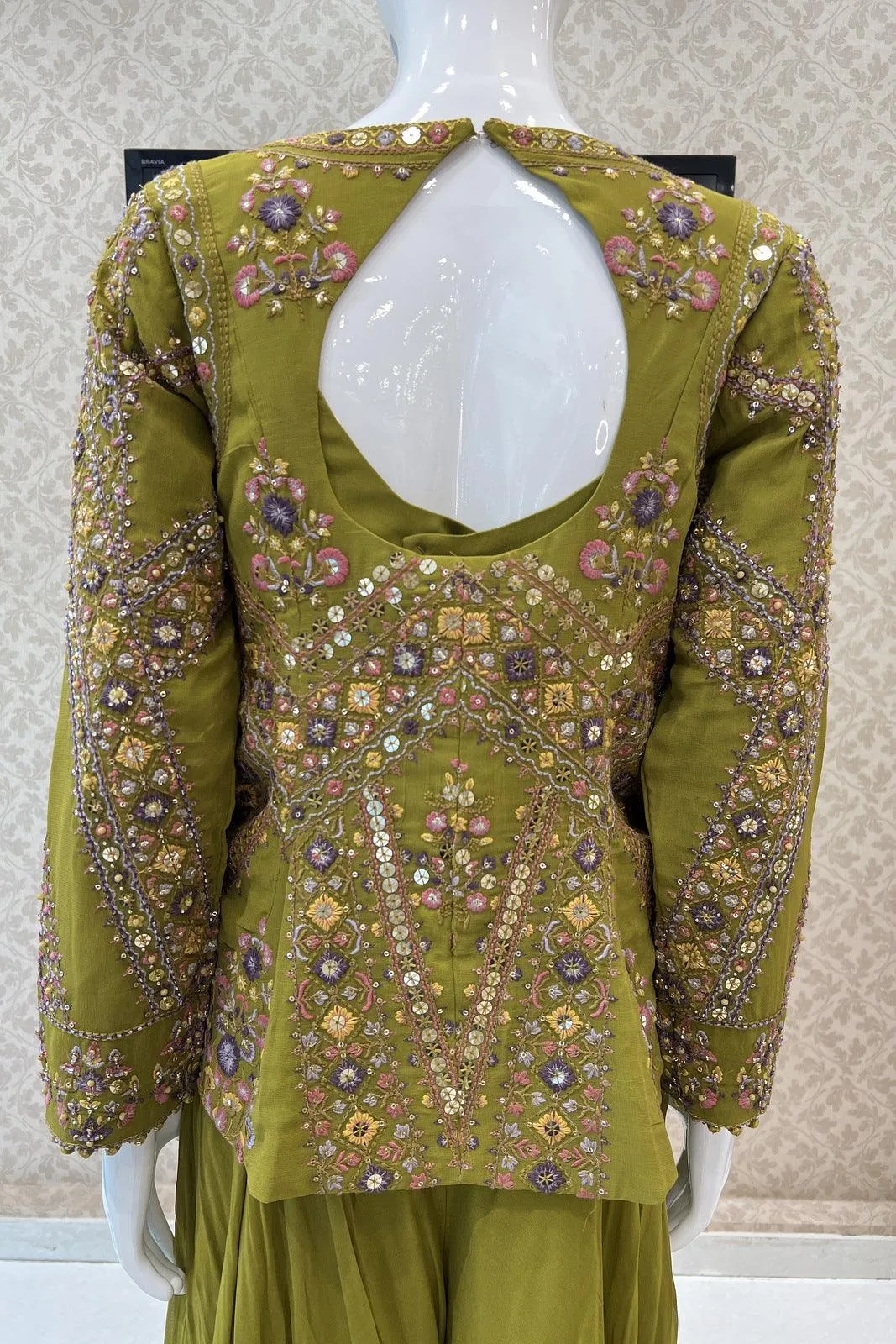 Green Multicolor Thread, Beads, Sequins and Stone work Overcoat Styled Palazzo Suit Set