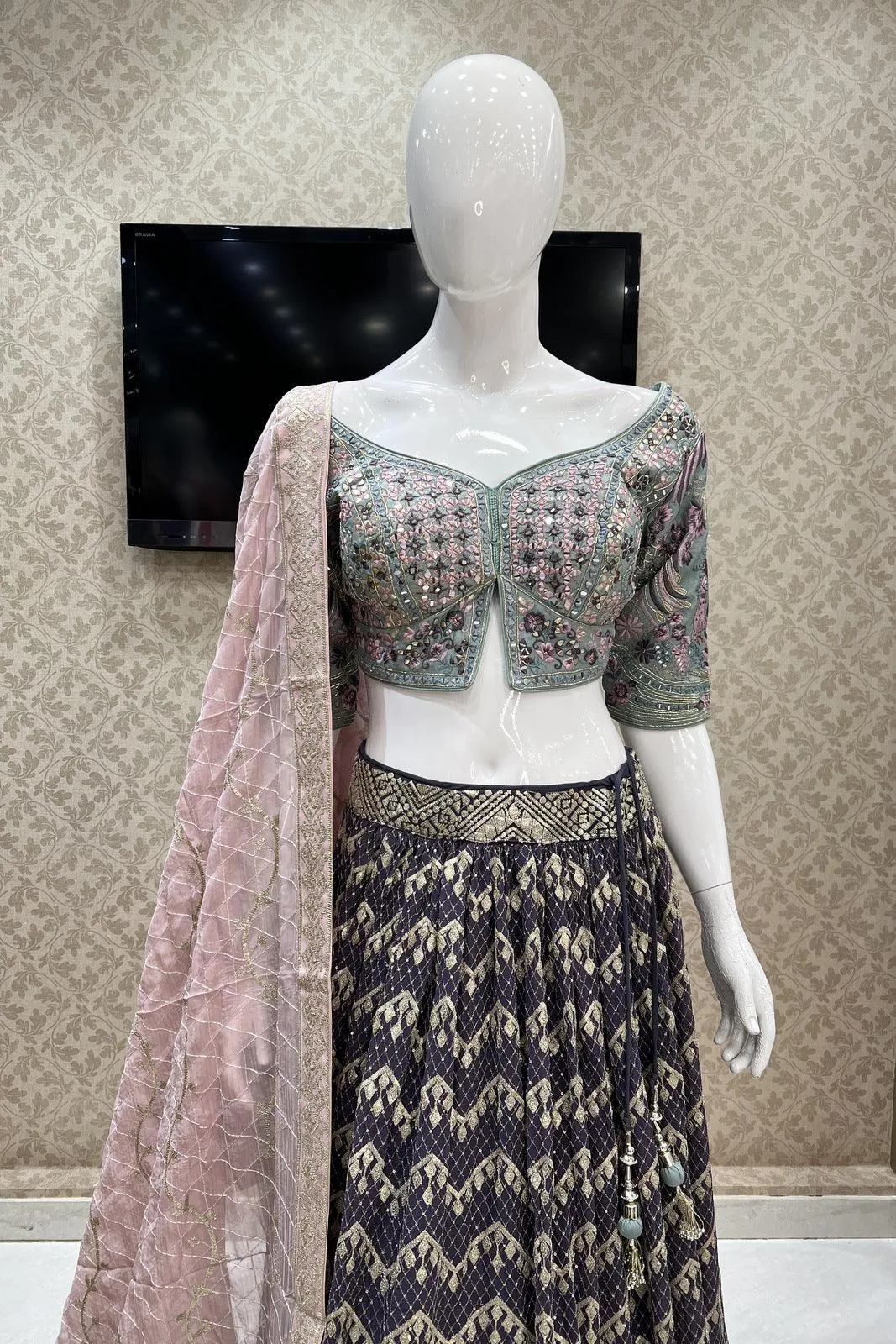 Green with Light Purple Embroidery, Mirror, Sequins, Zari and Thread work Crop Top Lehenga