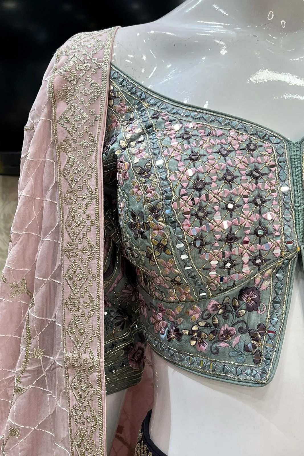 Green with Light Purple Embroidery, Mirror, Sequins, Zari and Thread work Crop Top Lehenga