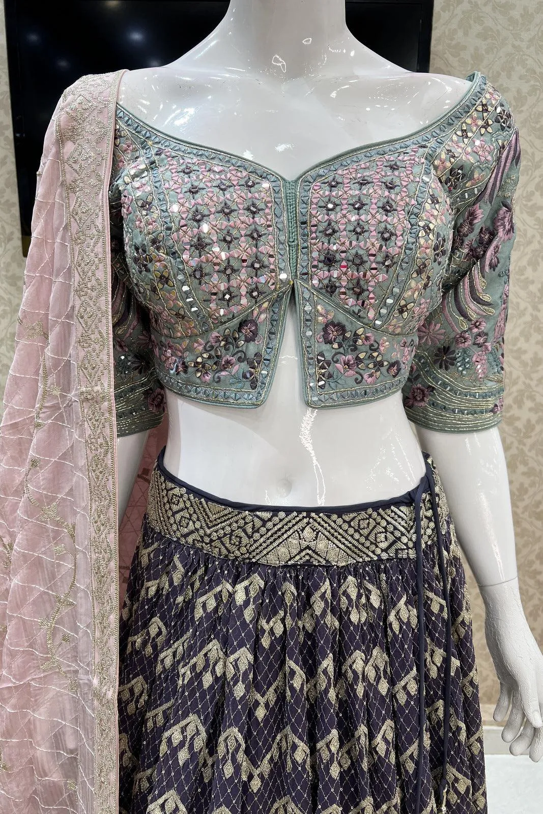 Green with Light Purple Embroidery, Mirror, Sequins, Zari and Thread work Crop Top Lehenga