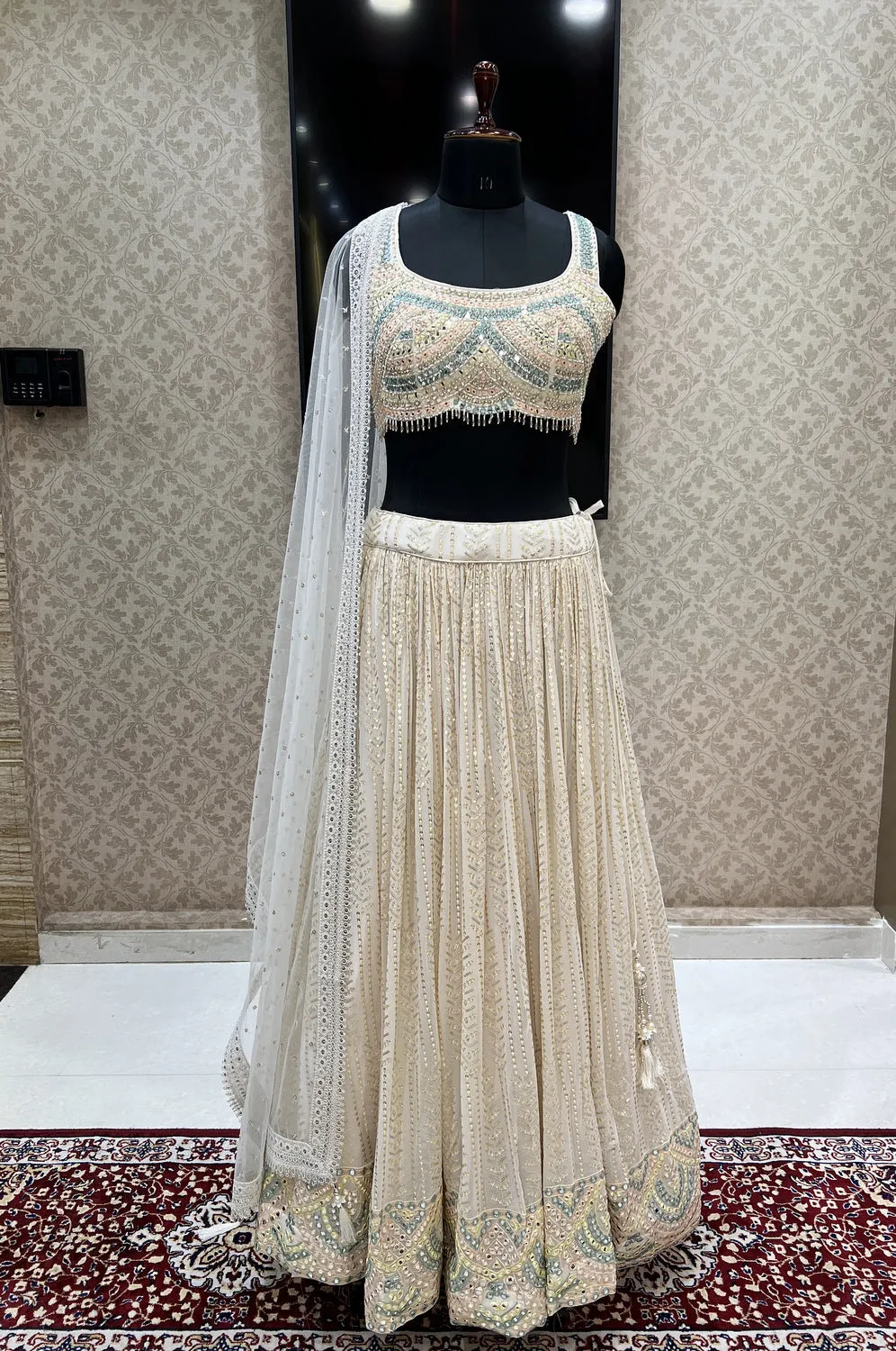 Half White Mirror, Stone, Beads and Sequins work Crop Top Lehenga