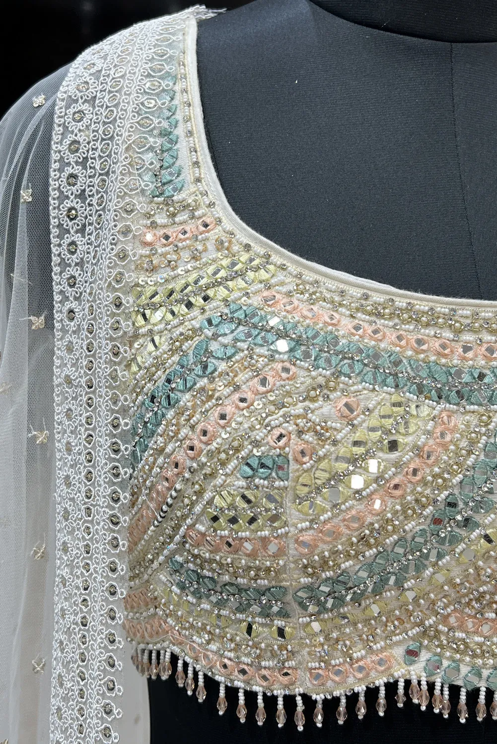 Half White Mirror, Stone, Beads and Sequins work Crop Top Lehenga