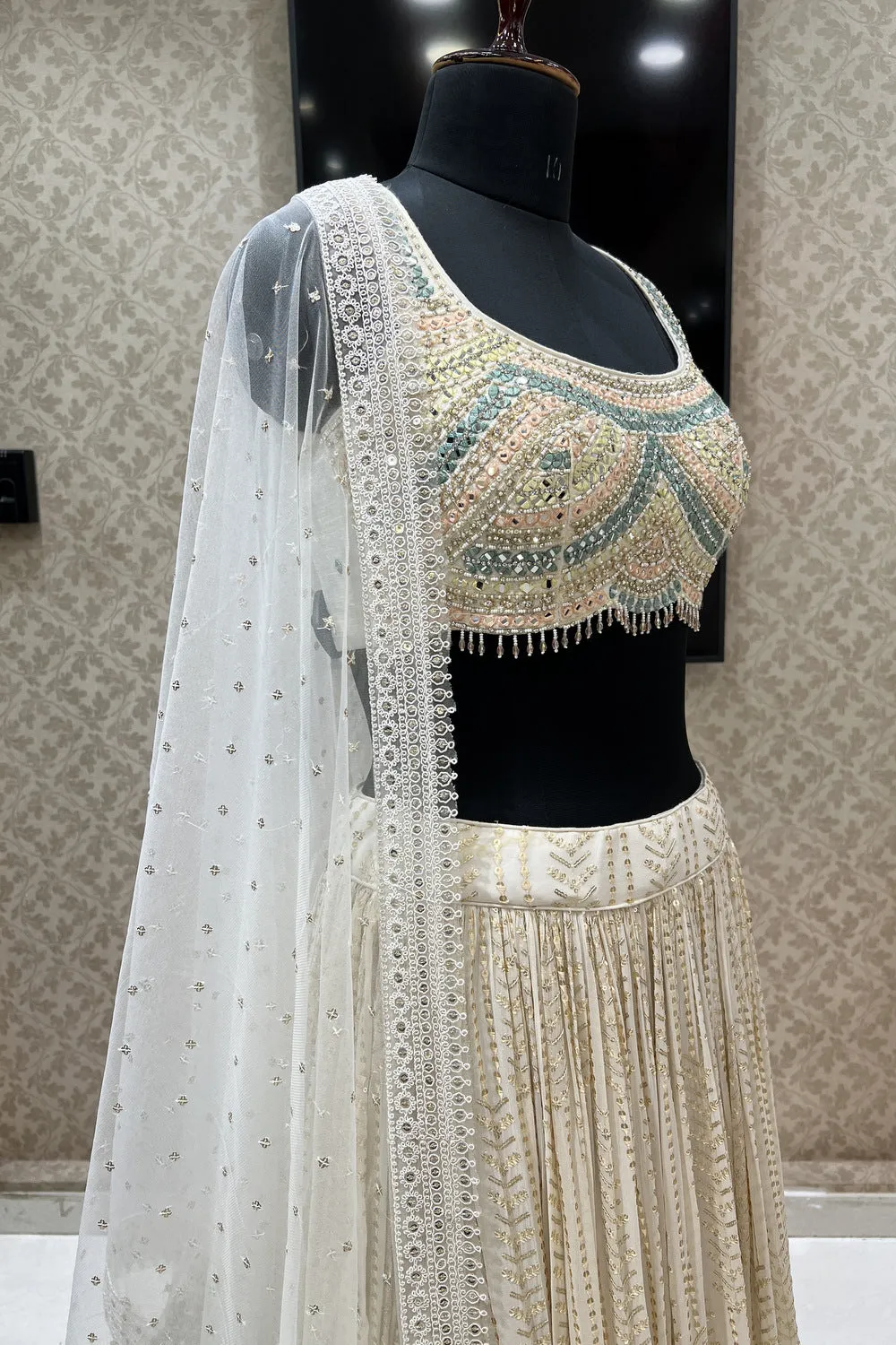 Half White Mirror, Stone, Beads and Sequins work Crop Top Lehenga