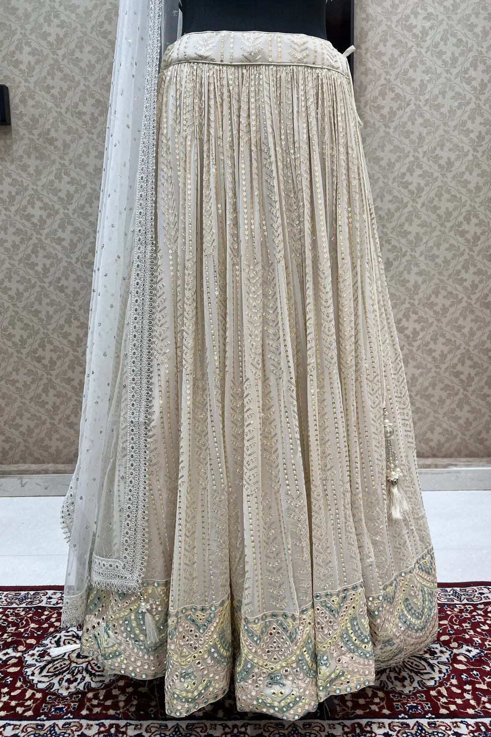 Half White Mirror, Stone, Beads and Sequins work Crop Top Lehenga