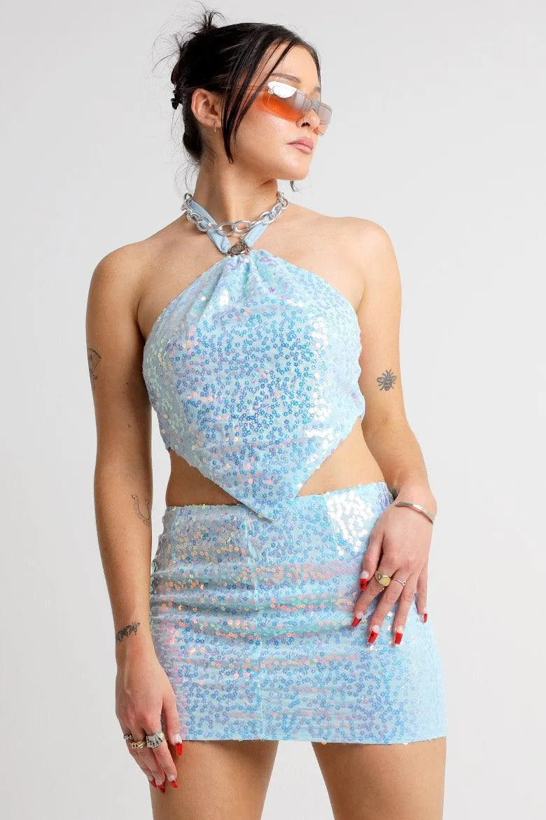 Illicit Baby Blue Flower Sequin Sparkle Halter Top