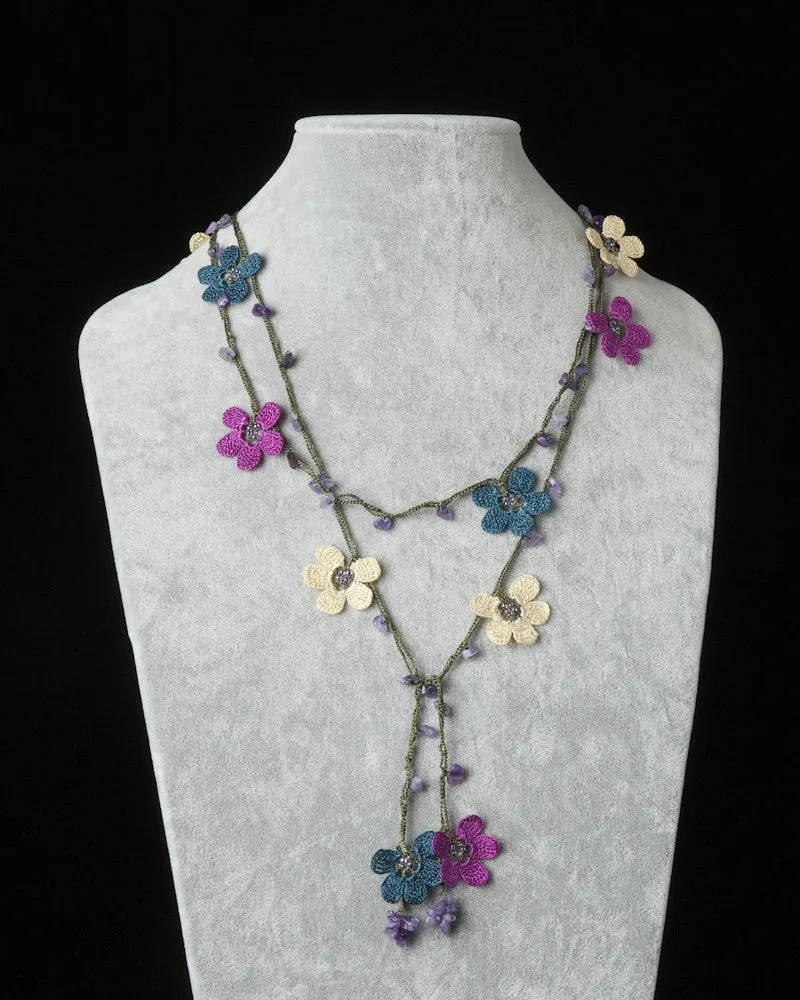 Lariat with Clover Motif - Cream, Plum & Blue Green