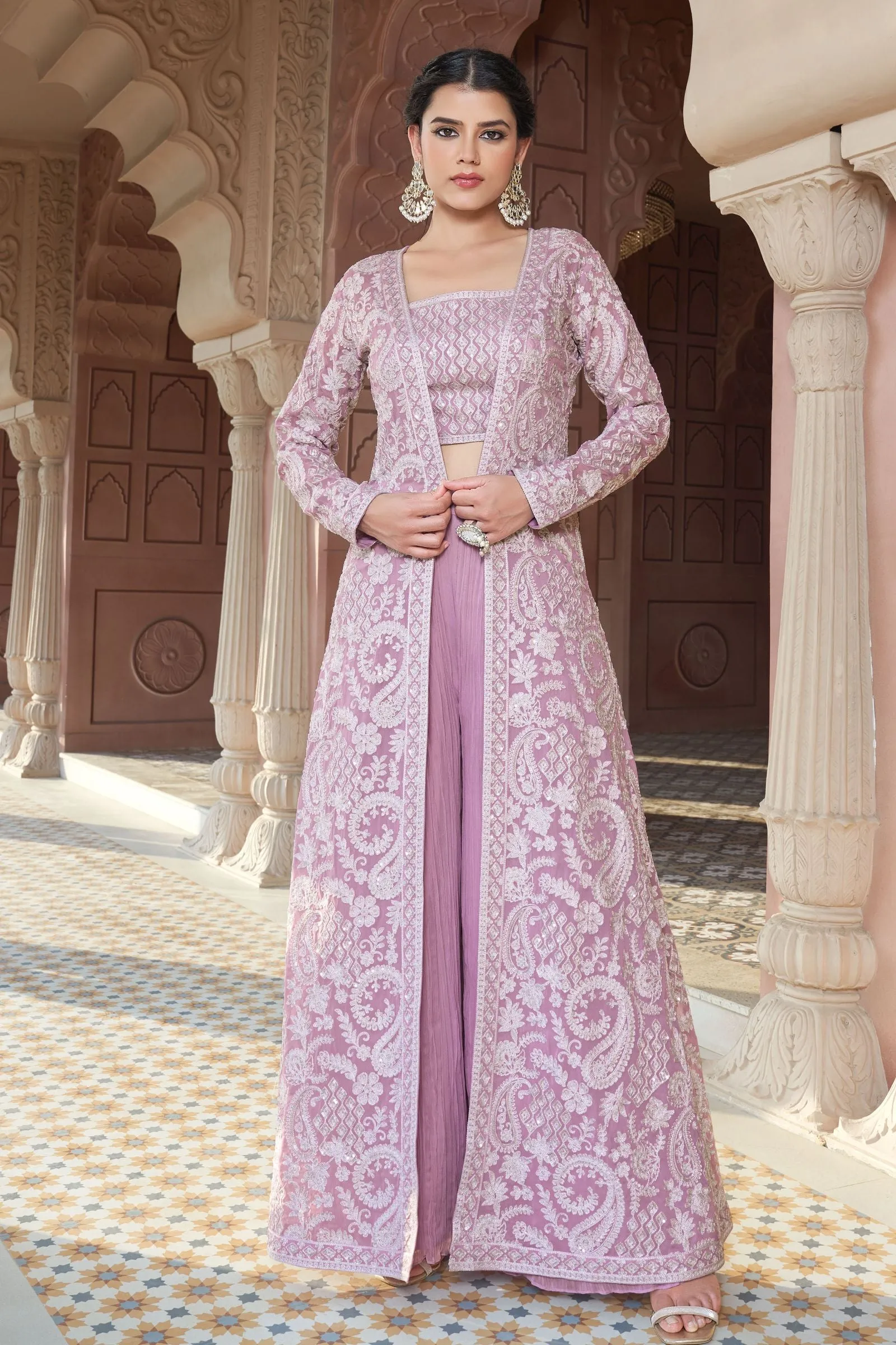 Lavender Sequins, Thread and Zari work Crop Top with Long Over Coat Palazzo Set