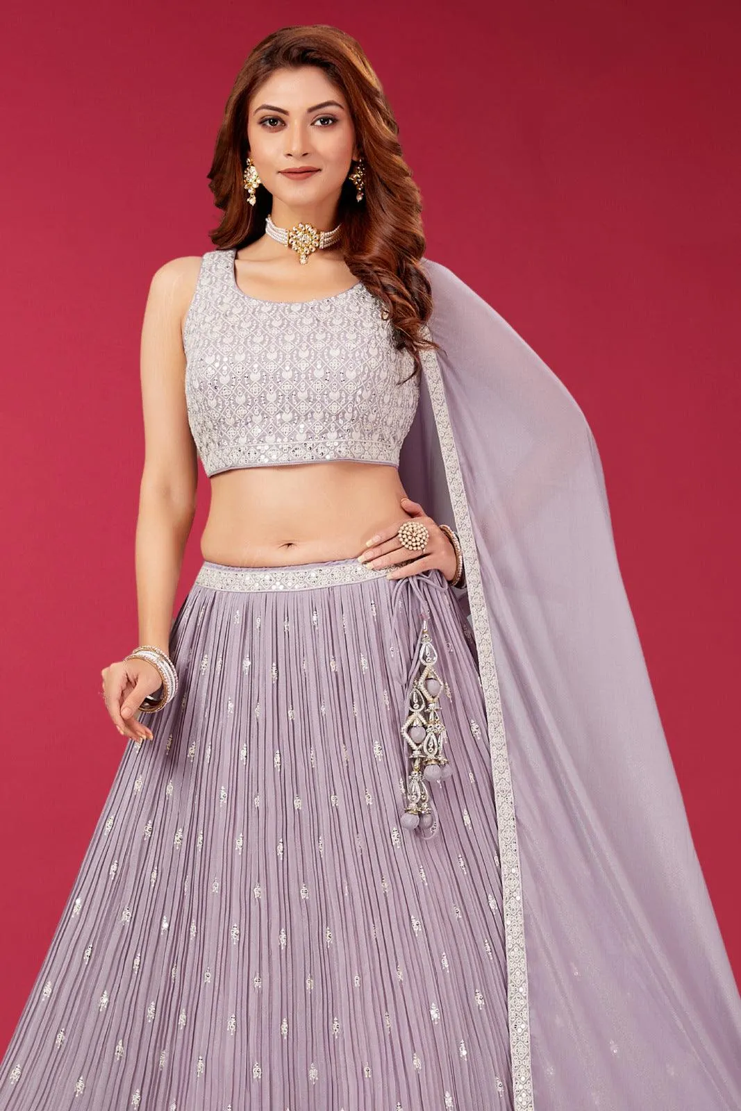 Lavender Thread and Sequins work Crop Top Lehenga