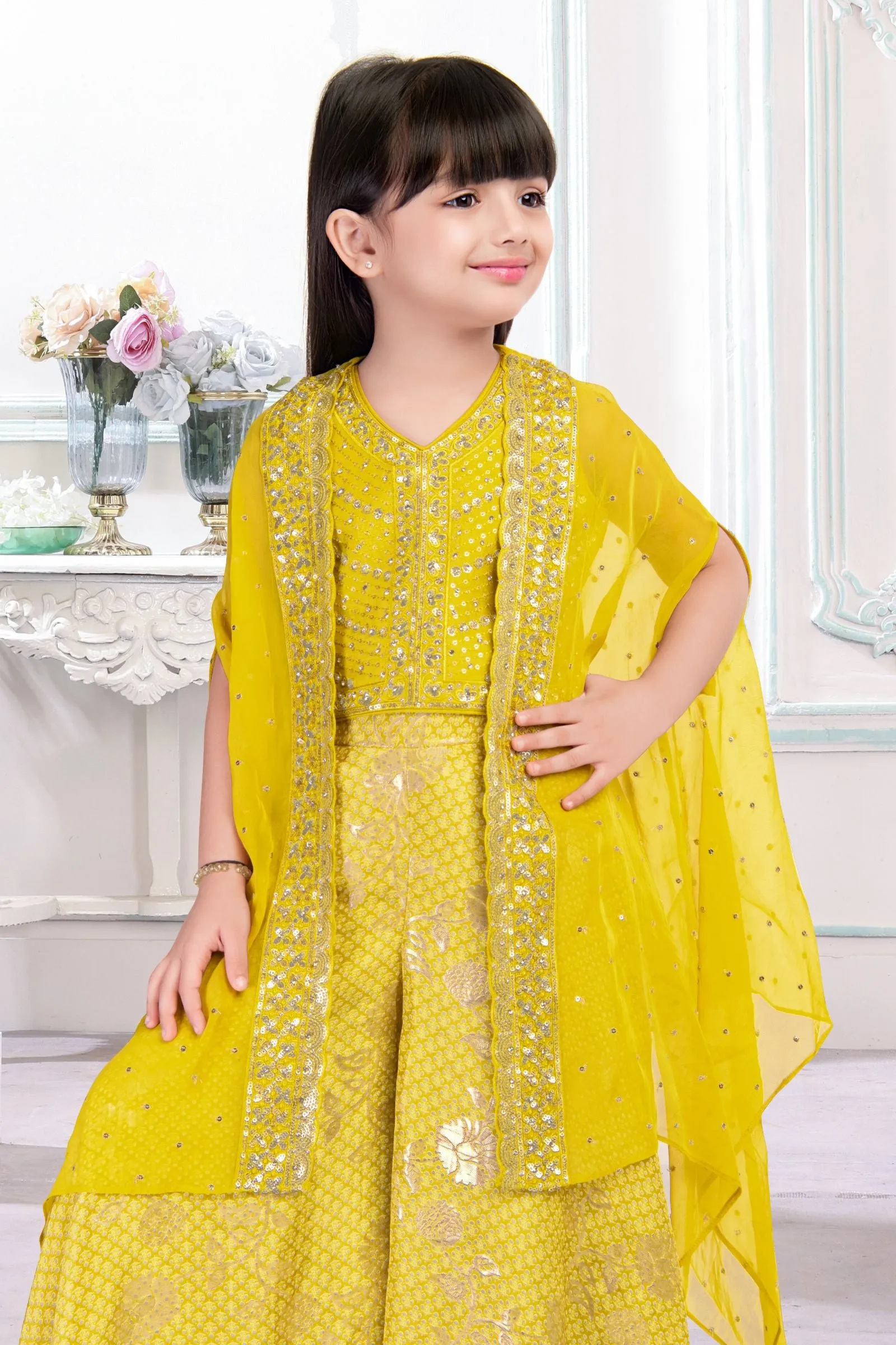 Lemon Yellow Thread, Sequins and Zari work Overcoat Styled Printed Palazzo Set For Girls