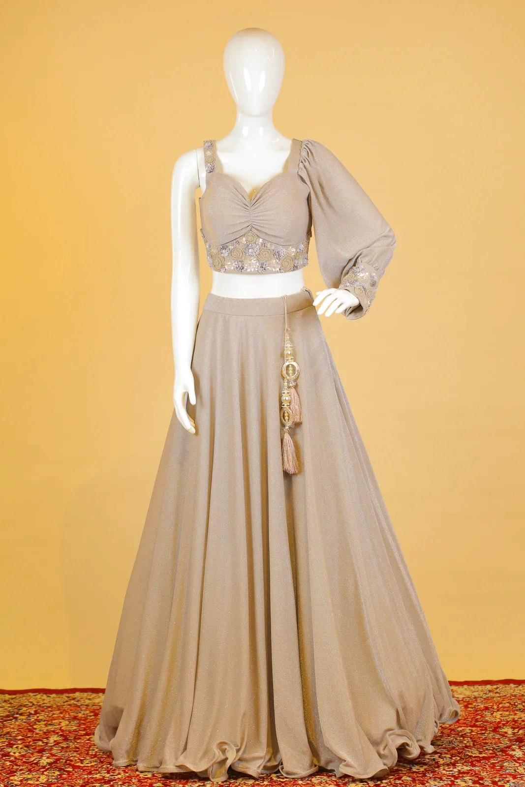 Light Grey Stone and Sequins work Crop Top Lehenga