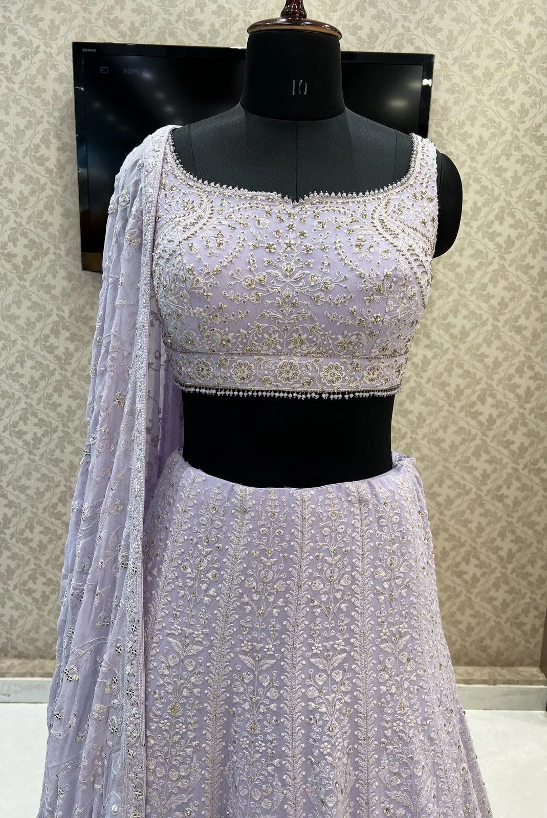 Light Lavender Lucknowi Thread, Pearl, Stone and Sequins work Crop Top Lehenga